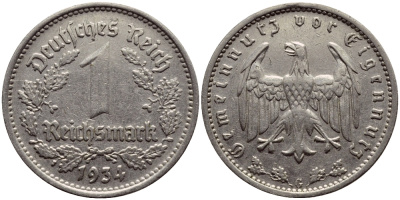 ГЕРМАНИЯ 1 РЕЙХСМАРКА 1934 G КМ 78 J.354 никель 56-1245