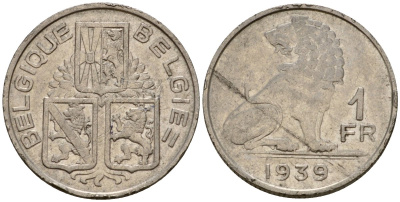 Бельгия 1 франк 1939 Belgique - Belgie KM 119 никель 4603-1224