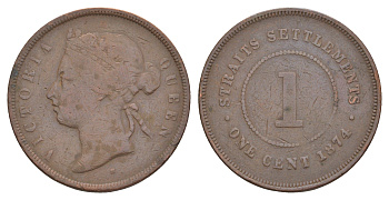 Стрейтс-Сетлментс (Стрейтс Сетлментс) 1 цент 1874 H, Виктория (1837-1901) KM 9 бронза 4654-126