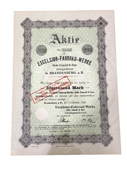 Германия акция на 1000 марок 1923 Excelsior-Fahrrad-Werke Excelsior / мотозавод, Бранденбург  бумага 5555-15