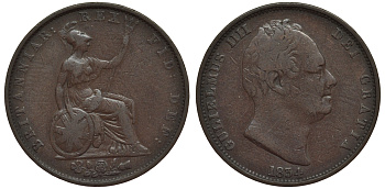 Великобритания 1/2 пенни 1834 Вильгельм IV (1830-1837) KM 706, Spink 3847 медь 1523-1314