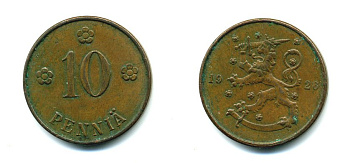 Финляндия 10 пенни 1926 республика (1918-1962) KM 24 медь 46-1525