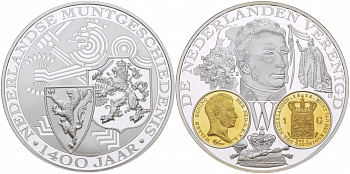 НИДЕРЛАНДЫ МЕДАЛЬ 1400 ЛЕТ НИДЕРЛАНДСКОМУ МОНЕТНОМУ ДЕЛУ , МОНЕТЫ ЭПОХИ ВИЛЬГЕЛЬМА серебро позолота PROOF 04-092-42