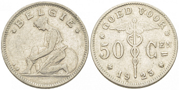 БЕЛЬГИЯ 50 САНТИМОВ 1923 BELGIE KM 88 никель 261-1647