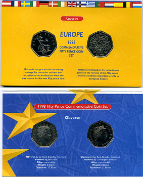 Великобритания набор из 2 монет по 50 пенсов 1998 Елизавета II (1952-2022), 25 лет присоединению Великобритании к Евросоюзу, в оригинальном буклете KM 991, 992, Spink 4610, 4611 медно-никель BUNC 00-00