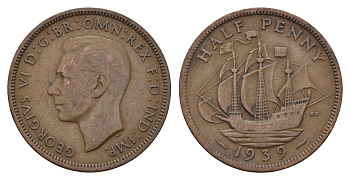 Великобритания 1/2 пенни 1939 Георг VI (1936-1952) KM 844, Spink 4115 бронза 4675-415