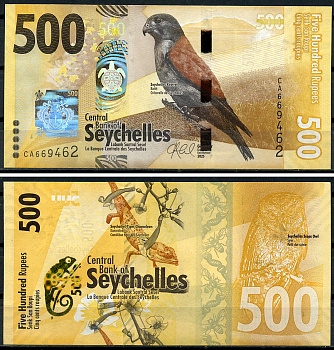Сейшельские острова 500 рупий 2025 Сейшельская пустельга, сейшельский тигровый хамелеон, цветы, сова Pick 53 a  бумага  UNC (пресс) 451-1122-3