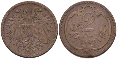 АВСТРИЯ 2 ГЕЛЛЕРА 1906 ФРАНЦ ИОСИФ (1846-1918) KM 2801 бронза 201-328