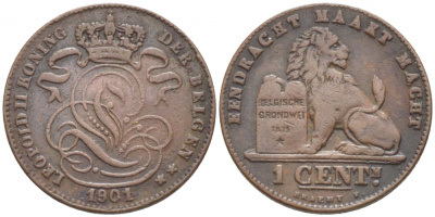 БЕЛЬГИЯ 1 САНТИМ 1901 BELGEN KM 34.1 медь 105-925