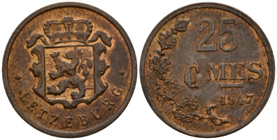Люксембург 25 сантимов 1947 Шарлотта (1918-1964) KM 45 бронза 4532-628
