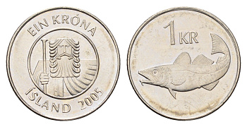 Исландия 1 крона 2005 треска KM 27a сталь плакированная никелем UNC 4687-858