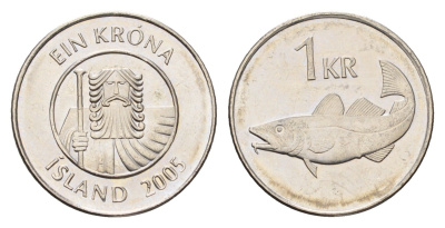 Исландия 1 крона 2005 треска KM 27a сталь плакированная никелем UNC 4687-858