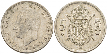 ИСПАНИЯ 5 ПЕСЕТ 1975 (76) ХУАН КАРЛОС I KM 807 медно-никель 3718-615