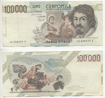 Италия 100000 лир 1983 Караваджо, фруктовый букет, подпись Stevani Pick 110а бумага 7220-3-3