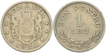 Румыния 1 лей 1924 Фердинанд I (1914-1927) KM 46 медно-никель 217-142
