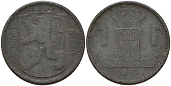 Бельгия 1 франк 1941 Belgique - Belgie, Леопольд III (1934-1947), германская оккупация, Вторая мировая война KM 127 цинк 4161-416