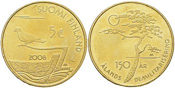 Финляндия 5 евро 2006 150 лет демилитаризация Аландских островов KM 123 нордик  UNC  650-515