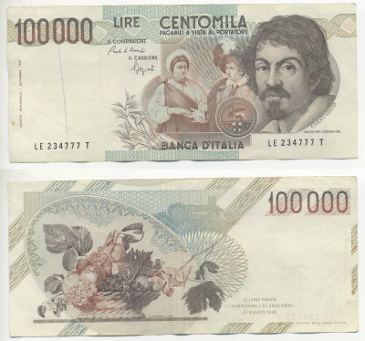 Италия 100000 лир 1983 Караваджо, фруктовый букет, подпись Stevani Pick 110а бумага 7220-3-3