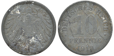 Германия 10 пфеннигов 1919 KM 26, J. 199 цинк 4132-457