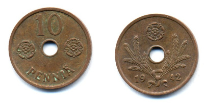 ФИНЛЯНДИЯ 10 ПЕННИ 1942 KM 33.1 медь 51-4964