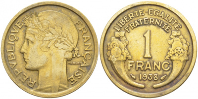 ФРАНЦИЯ 1 ФРАНК 1938 ТИП MORLON KM 885, LE FRANC 219.9 алюминиевая бронза 4402-853