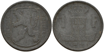 Бельгия 1 франк 1941 Belgique - Belgie, Леопольд III (1934-1947), германская оккупация, Вторая мировая война KM 127 цинк 4161-416