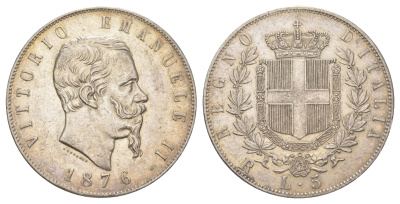 Италия 5 лир 1876 R, Виктор Эммануил II (1861-1878) KM 8.4 серебро 3896-115