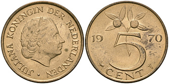 Нидерланды 5 центов 1970 Юлиана (1948-1980) KM 181 бронза 4579-627