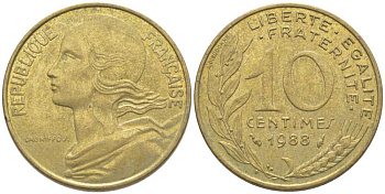 ФРАНЦИЯ 10 САНТИМОВ 1988 ТИП MARIANNE KM 929, LE FRANC 144.28 медь алюминий никель 116-267