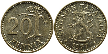 ФИНЛЯНДИЯ 20 ПЕННИ 1977 K KM 47 алюминиевая бронза 46-2633