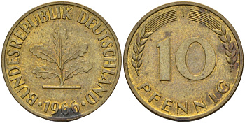ФРГ 10 пфеннигов 1966 J KM 108 сталь плакированная латунью 4126-532