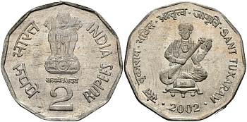 Индия 2 рупии 2002 святой Тукарам KM 305 медно-никель UNC 94-756