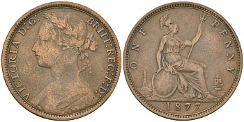 Великобритания 1 пенни 1877 Виктория (1837-1901) KM 755, Spink 3954 бронза 4590-926
