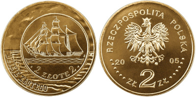 Польша 2 злотых 2005 MW, история польского злотого, парусник KM 521, Parchimowicz 951 нордик  UNC 4565-335
