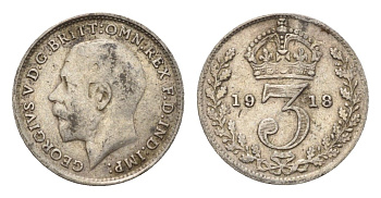 Великобритания 3 пенса 1918 Георг V (1910-1936) KM 813, Spink 4015 серебро 4644-233