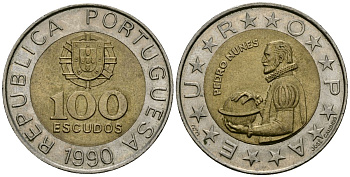 Португалия 100 эскудо 1990 Педру Нуниш (1502-1578), математик KM 645.1 биметалл 4551-742