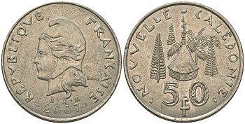 Французская Новая Каледония 50 франков 2007 хижина среди сосен и пальм, (IEOM) KM 13a, Schoen 15a, Lec 128i медно-никель 114-144
