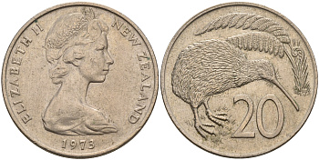 Новая Зеландия 20 центов 1973 Елизавета II (1952-2022), птичка киви KM 36.1 медно-никель  4599-1013