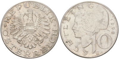 Австрия 10 шиллингов 1993 KM 2918 медно-никель 4142-1231