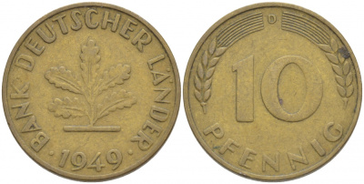 ФРГ 10 ПФЕННИГОВ 1949 D KM 103, J.378 сталь плакированная латунью 4539-913
