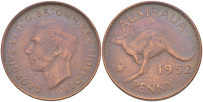 Австралия 1 пенни 1952 m, Георг VI (1937-1952), кенгуру KM 43 бронза 4403-936