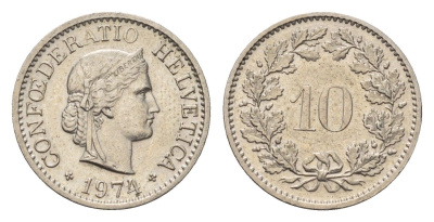 Швейцария 10 раппенов 1974 KM 27 медно-никель 4685-256