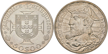 Португалия 50 эскудо 1969 INCM, 500 лет со дня рождения Васко да Гама KM 598 серебро aUNC 4552-911