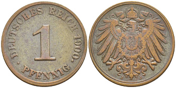 ГЕРМАНИЯ 1 ПФЕННИГ 1900 J KM 10, Jager. 10, Weege 2 медь 4528-1164