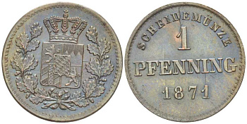 Бавария 1 пфенниг 1871 Людвиг II (1864-1886) КМ 471 медь UNC 441-322