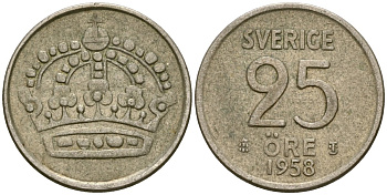 Швеция 25 эре 1958 G, Густав VI Адольф (1950-1973) KM 824 серебро 4173-1269