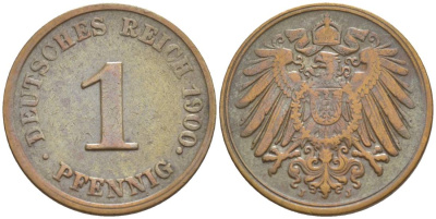ГЕРМАНИЯ 1 ПФЕННИГ 1900 J KM 10, Jager. 10, Weege 2 медь 4528-1164