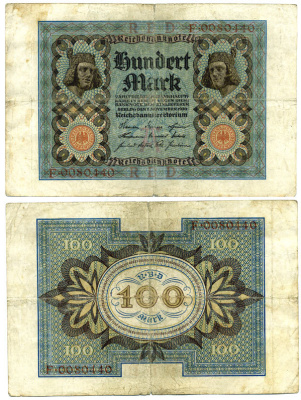 Германия 100 марок 1920 Бамбергский всадник, 7 цифр в номере Pick 69 a, Розенберг 67а  бумага 3295-114-2-1