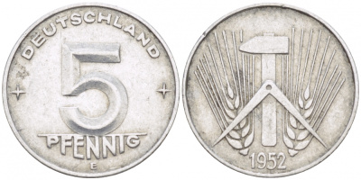 ГДР 5 ПФЕННИГОВ 1952 Е KM 6 алюминий 3955-548