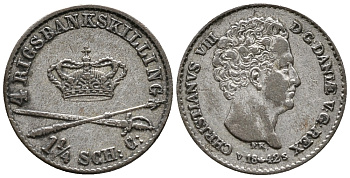 ДАНИЯ 4 СКИЛЛИНГА 1842 VS, КРИСТИАН VIII (1839-1848), SKILLING RIGSMONT KM 721.2 (С123.2) серебро 100-752